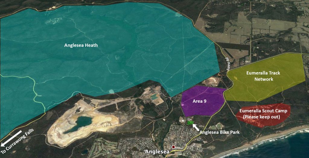 Arial map of Anglesea displaying MTB trail areas